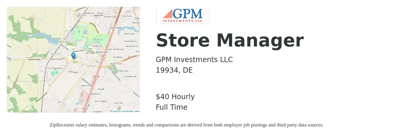 GPM Investments job posting for a Store Manager in 19934, DE with a salary of $42 Hourly with a map of 19934 location.