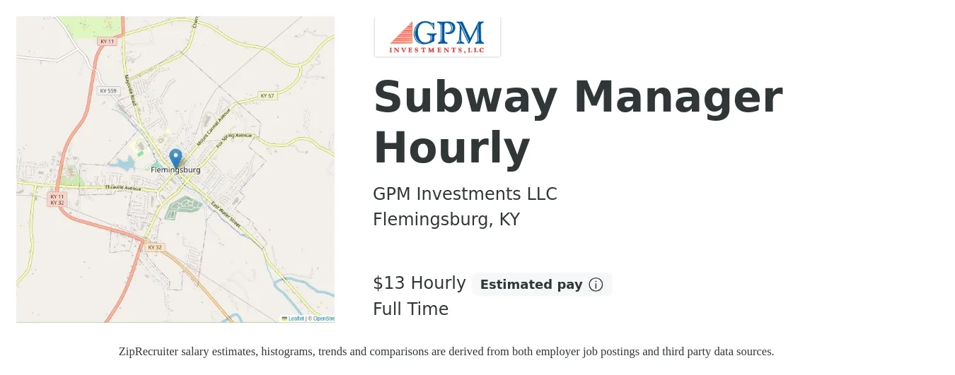 GPM Investments LLC job posting for a Subway Manager Hourly in Flemingsburg, KY with a salary of $14 Hourly with a map of Flemingsburg location.
