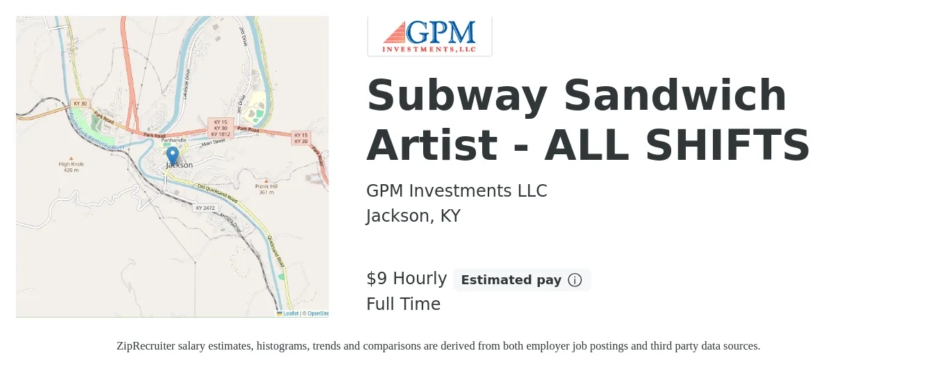 GPM Investments LLC job posting for a Subway Sandwich Artist - ALL SHIFTS in Jackson, KY with a salary of $10 Hourly with a map of Jackson location.