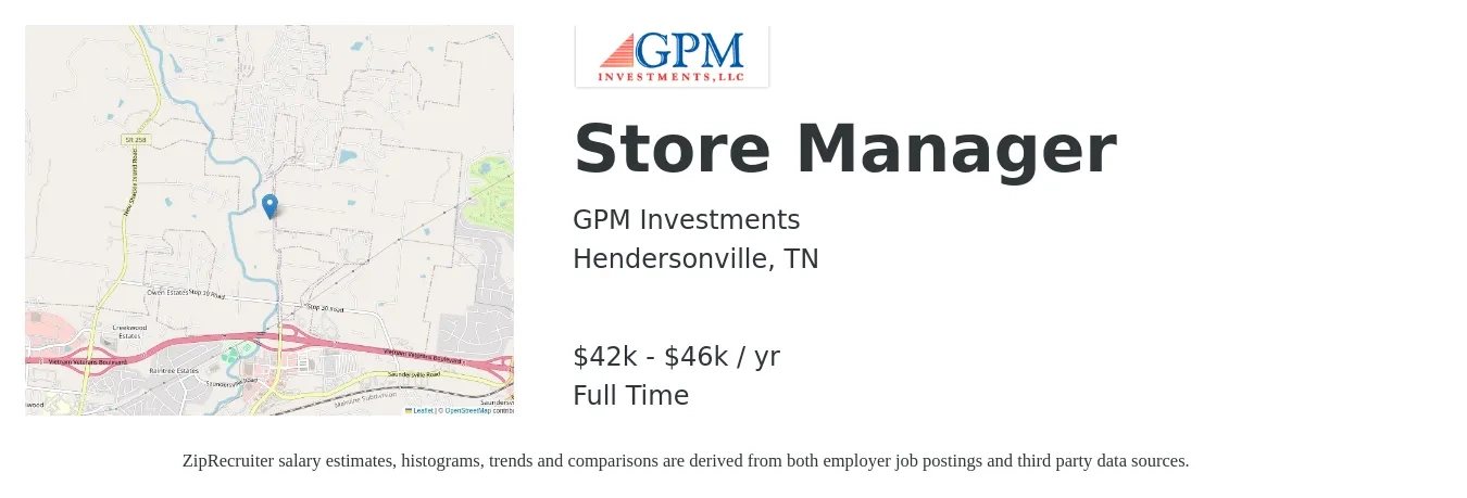 GPM Investments LLC job posting for a Store Manager in Hendersonville, TN with a salary of $42,000 to $46,932 Yearly with a map of Hendersonville location.