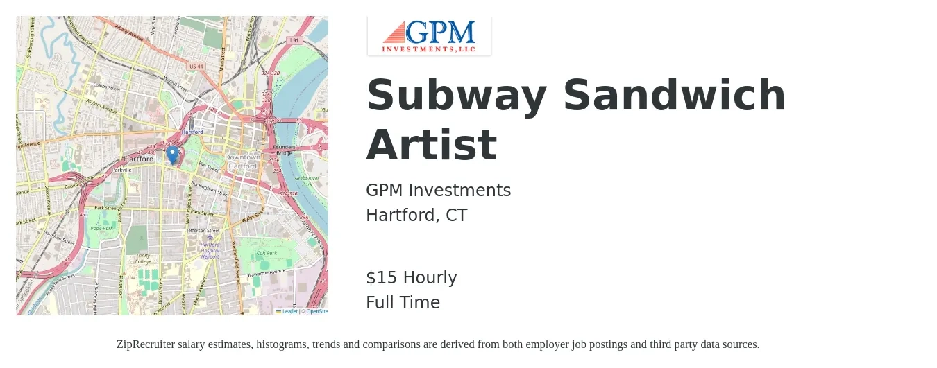 GPM Investments job posting for a Subway Sandwich Artist in Hartford, CT with a salary of $16 Hourly with a map of Hartford location.