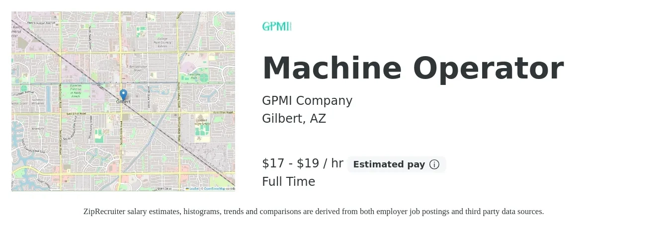 GPMI Company job posting for a Machine Operator in Gilbert, AZ with a salary of $18 to $20 Hourly with a map of Gilbert location.