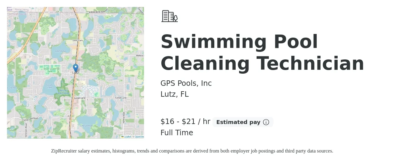 GPS Pools, Inc job posting for a Swimming Pool Cleaning Technician in Lutz, FL with a salary of $17 to $22 Hourly with a map of Lutz location.
