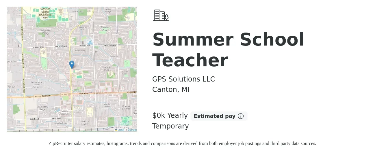 GPS Solutions LLC job posting for a Summer School Teacher in Canton, MI with a salary of $30 to $45 Yearly with a map of Canton location.
