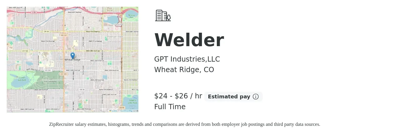 GPT Industries,LLC job posting for a Welder in Wheat Ridge, CO with a salary of $25 to $28 Hourly with a map of Wheat Ridge location.