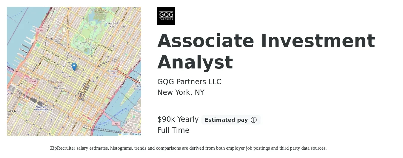 GQG Partners LLC job posting for a Associate Investment Analyst in New York, NY with a salary of $90,000 Yearly with a map of New York location.