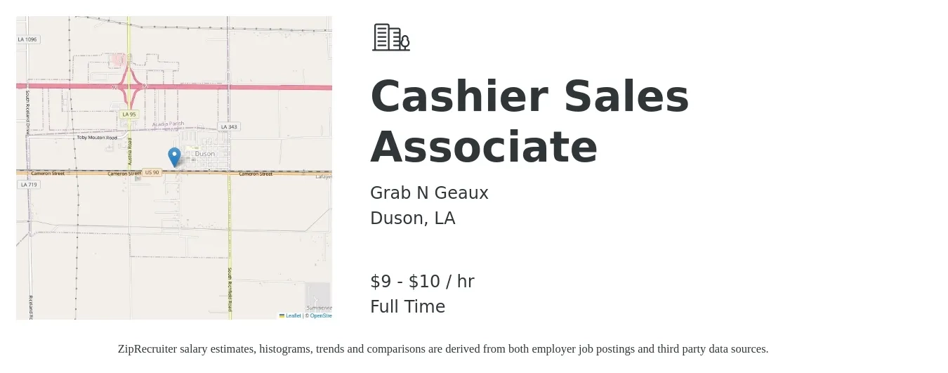 Grab N Geaux job posting for a Cashier Sales Associate in Duson, LA with a salary of $10 to $11 Hourly with a map of Duson location.