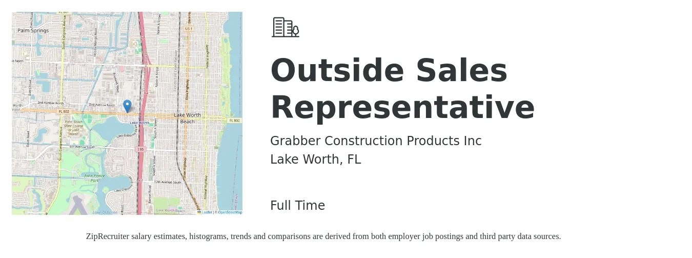 Grabber Construction Products Inc job posting for a Outside Sales Representative in Lake Worth, FL with a salary of $46,700 to $80,000 Yearly with a map of Lake Worth location.
