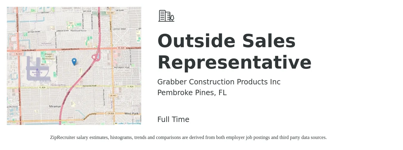 Grabber Construction Products Inc job posting for a Outside Sales Representative in Pembroke Pines, FL with a salary of $48,700 to $83,500 Yearly with a map of Pembroke Pines location.