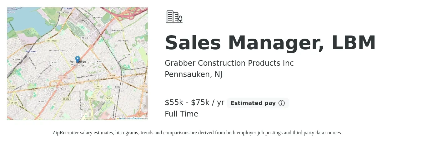Grabber Construction Products Inc job posting for a Sales Manager, LBM in Pennsauken, NJ with a salary of $55,000 to $75,000 Yearly with a map of Pennsauken location.