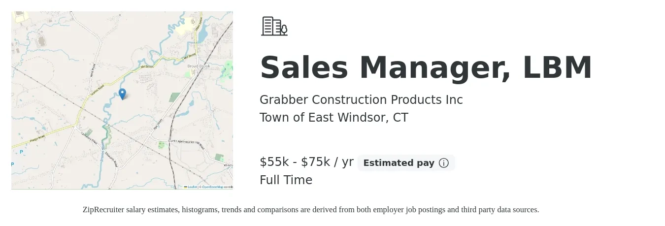 Grabber Construction Products Inc job posting for a Sales Manager, LBM in Town of East Windsor, CT with a salary of $55,000 to $75,000 Yearly with a map of Town of East Windsor location.