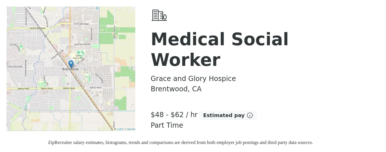 Grace and Glory Hospice job posting for a Medical Social Worker in Brentwood, CA with a salary of $50 to $65 Hourly with a map of Brentwood location.