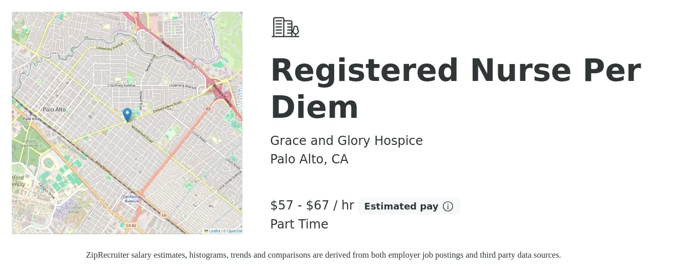 Grace and Glory Hospice job posting for a Registered Nurse Per Diem in Palo Alto, CA with a salary of $60 to $70 Hourly with a map of Palo Alto location.