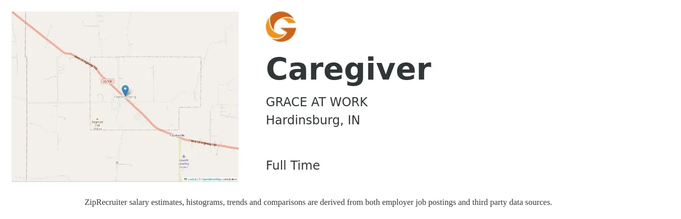 GRACE AT WORK job posting for a Caregiver in Hardinsburg, IN with a salary of $13 to $16 Hourly with a map of Hardinsburg location.