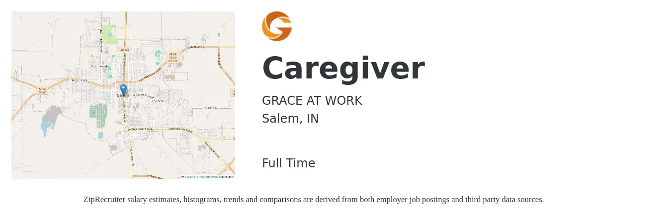 GRACE AT WORK job posting for a Caregiver in Salem, IN with a salary of $12 to $15 Hourly with a map of Salem location.