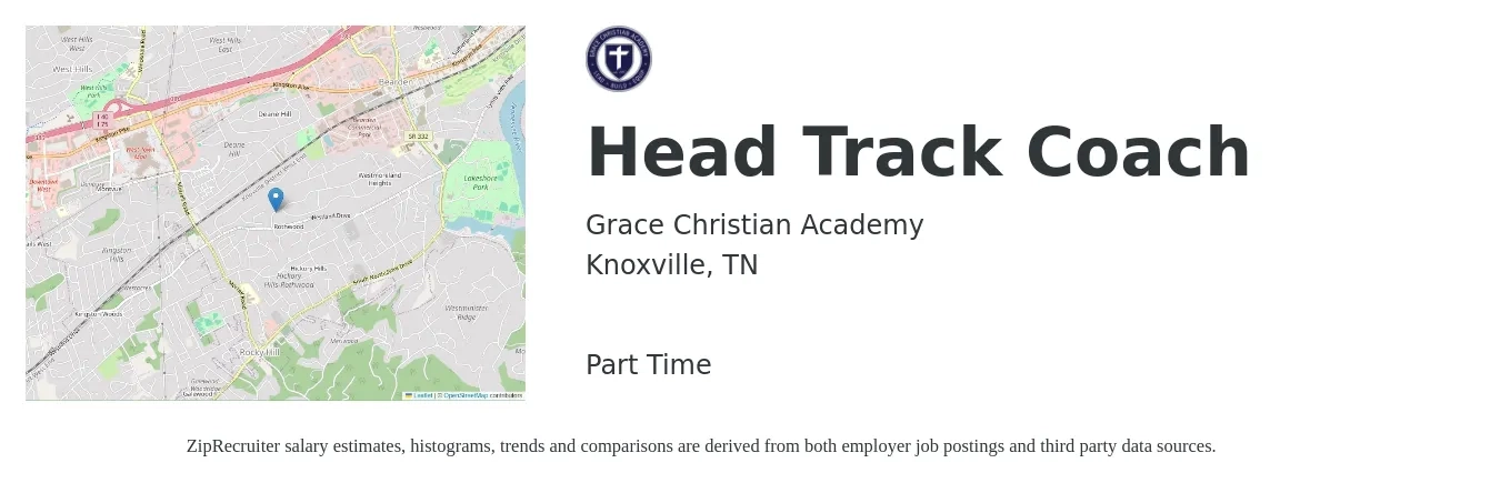 Grace Christian Academy job posting for a Head Track Coach in Knoxville, TN with a salary of $14 to $27 Hourly with a map of Knoxville location.