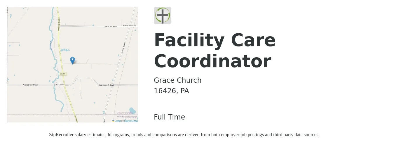 Grace Church job posting for a Facility Care Coordinator in 16426, PA with a salary of $18 to $25 Hourly with a map of 16426 location.