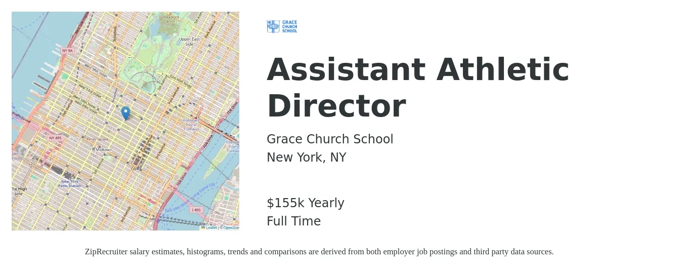 Grace Church School job posting for a Assistant Athletic Director in New York, NY with a salary of $155,040 Yearly with a map of New York location.