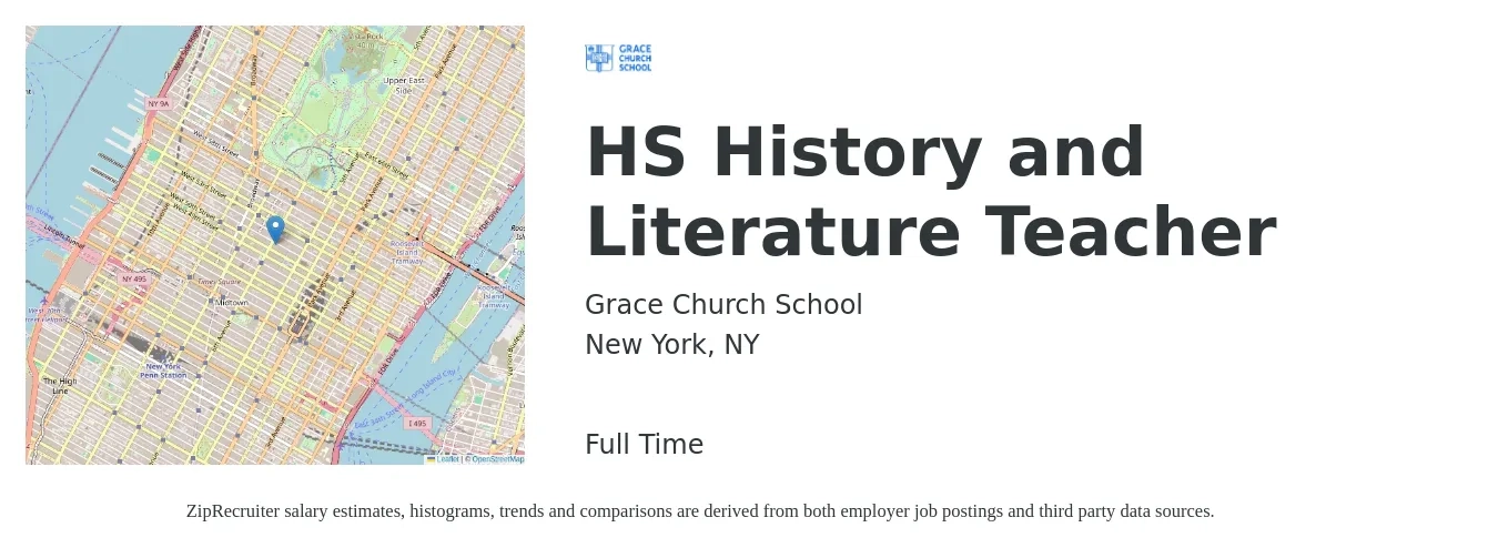 Grace Church School job posting for a HS History and Literature Teacher in New York, NY with a salary of $155,040 Yearly with a map of New York location.