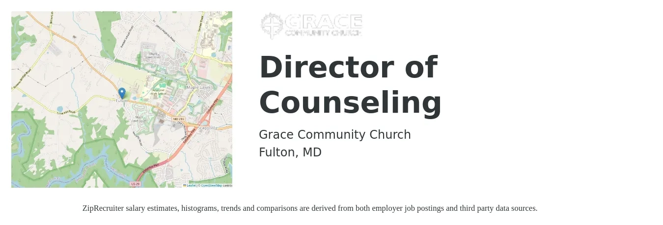 Grace Community Church job posting for a Director of Counseling in Fulton, MD with a salary of $86,900 to $115,700 Yearly with a map of Fulton location.
