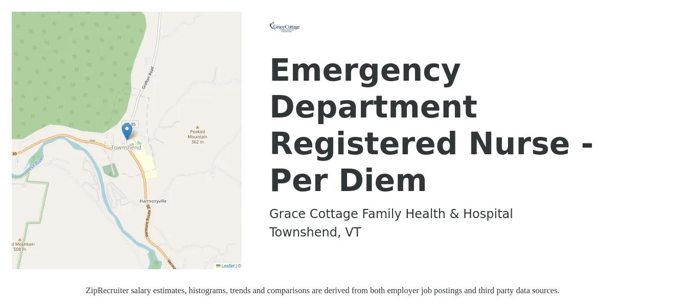 Grace Cottage Family Health & Hospital job posting for a Emergency Department Registered Nurse - Per Diem in Townshend, VT with a salary of $2,110 to $2,990 Weekly with a map of Townshend location.