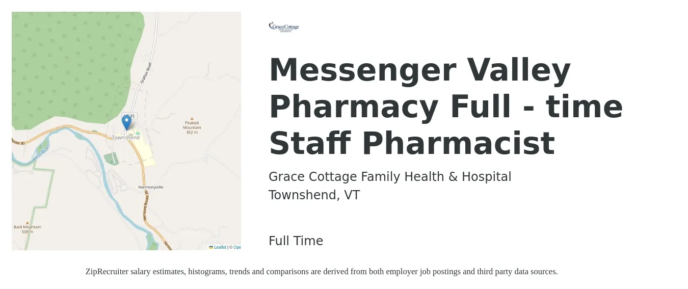 Grace Cottage Family Health & Hospital job posting for a Messenger Valley Pharmacy Full - Time Staff Pharmacist in Townshend, VT with a salary of $63 to $74 Hourly with a map of Townshend location.
