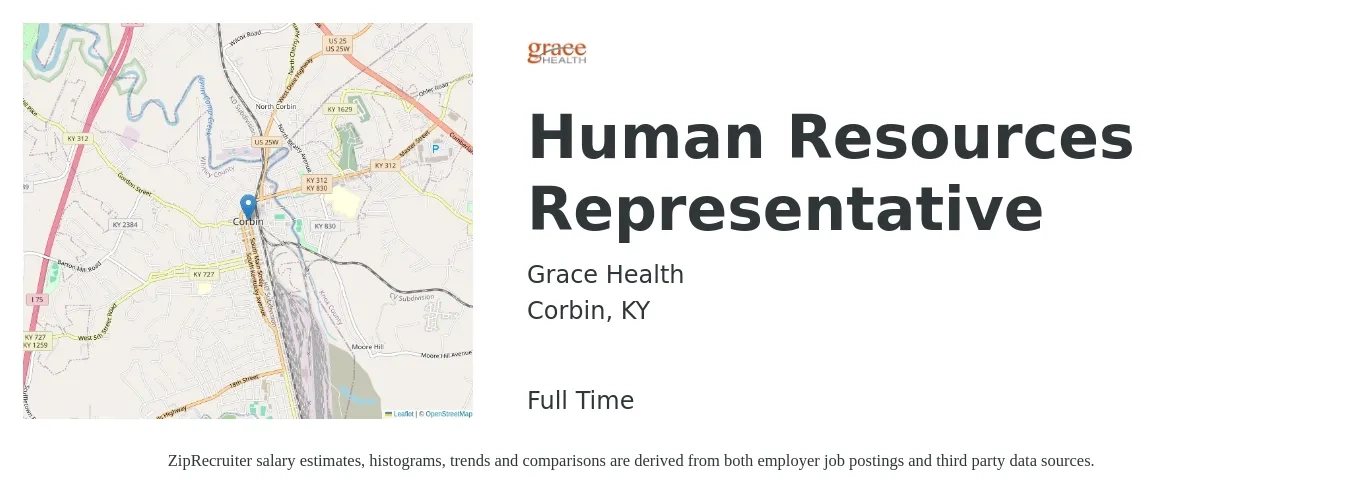Grace Health job posting for a Human Resources Representative in Corbin, KY with a salary of $21 to $32 Hourly with a map of Corbin location.