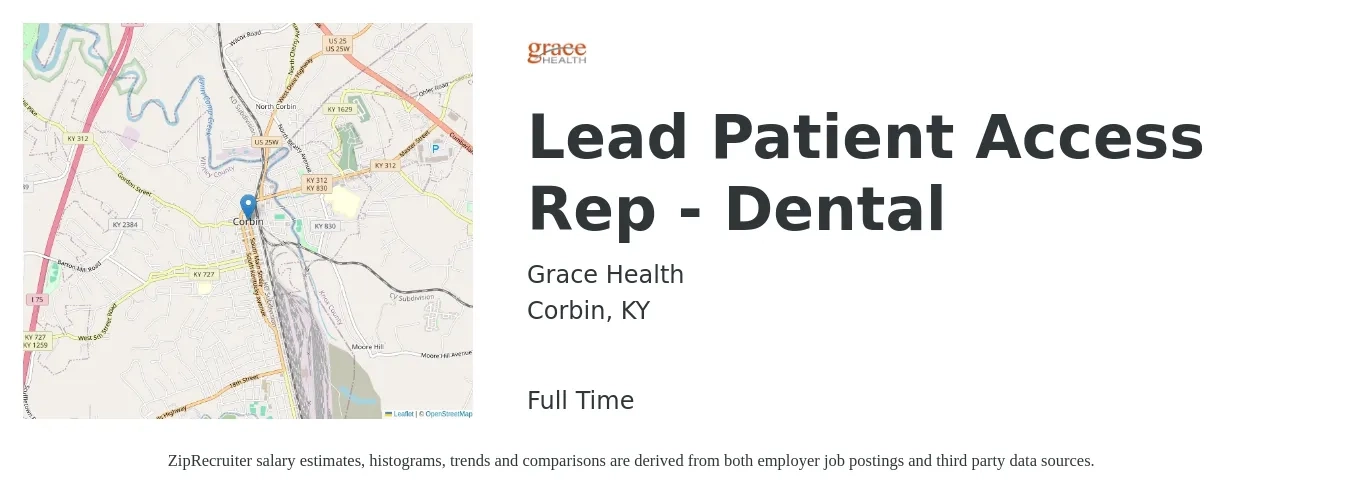 Grace Health job posting for a Lead Patient Access Rep - Dental in Corbin, KY with a salary of $20 to $27 Hourly with a map of Corbin location.