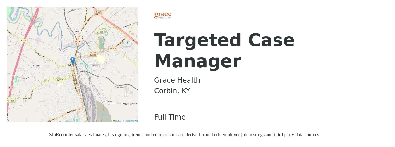 Grace Health job posting for a Targeted Case Manager in Corbin, KY with a salary of $20 to $28 Hourly with a map of Corbin location.