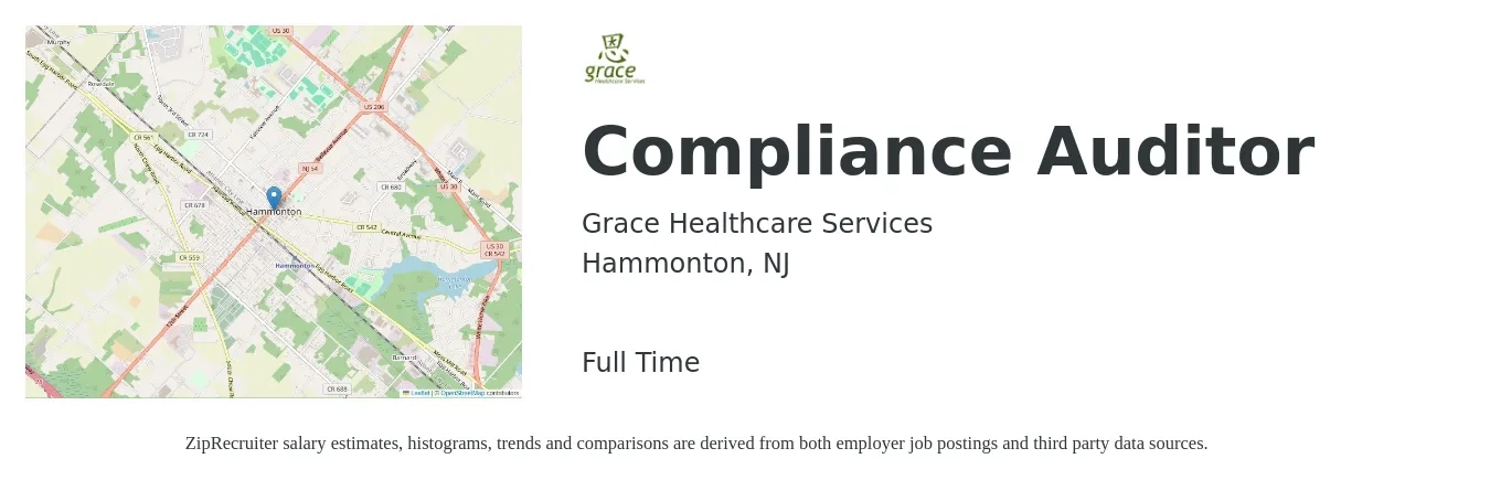 Grace Healthcare Services job posting for a Compliance Auditor in Hammonton, NJ with a salary of $47,000 to $83,000 Yearly with a map of Hammonton location.