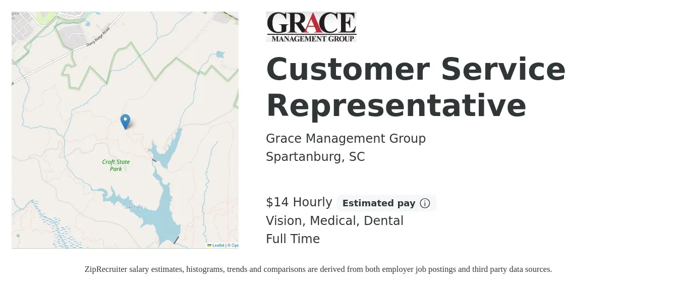 Grace Management Group job posting for a Customer Service Representative in Spartanburg, SC with a salary of $15 Hourly and benefits including retirement, vision, dental, life_insurance, medical, and pto with a map of Spartanburg location.