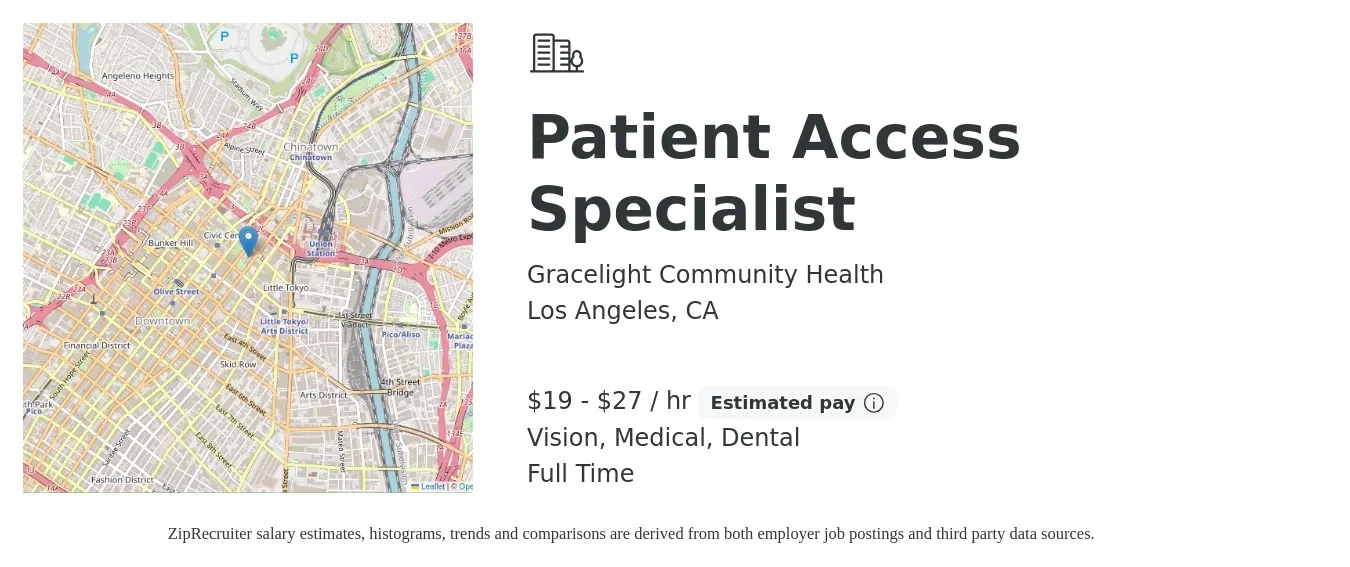 Gracelight Community Health job posting for a Patient Access Specialist in Los Angeles, CA with a salary of $20 to $29 Hourly and benefits including life_insurance, medical, retirement, vision, and dental with a map of Los Angeles location.