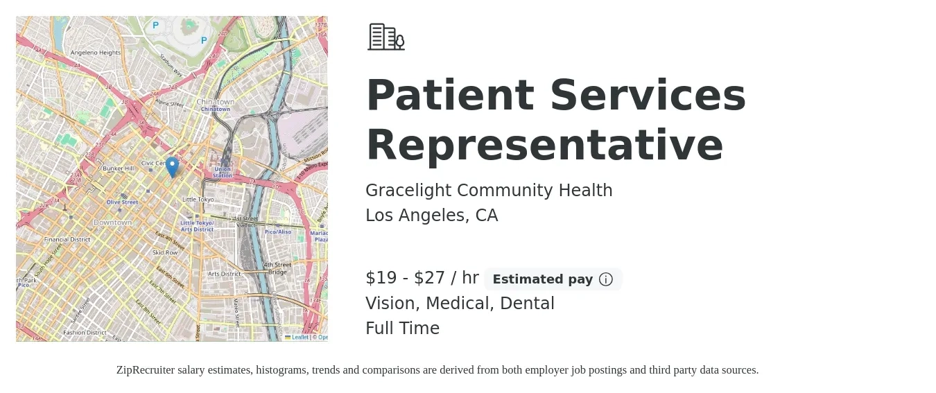 Gracelight Community Health job posting for a Patient Services Representative in Los Angeles, CA with a salary of $20 to $29 Hourly and benefits including dental, life_insurance, medical, retirement, and vision with a map of Los Angeles location.