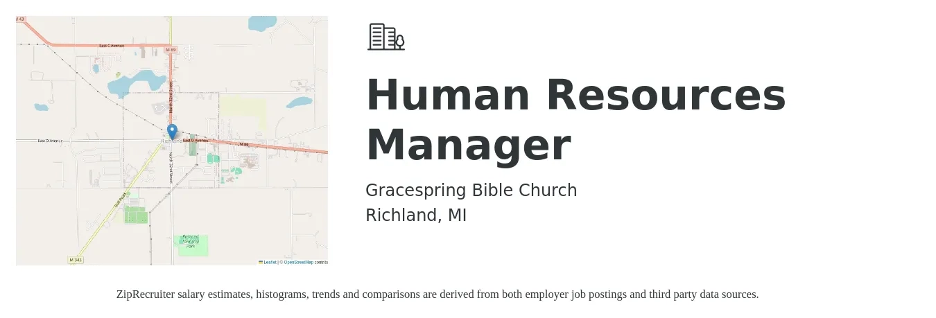 Gracespring Bible Church job posting for a Human Resources Manager in Richland, MI with a salary of $64,500 to $93,400 Yearly with a map of Richland location.