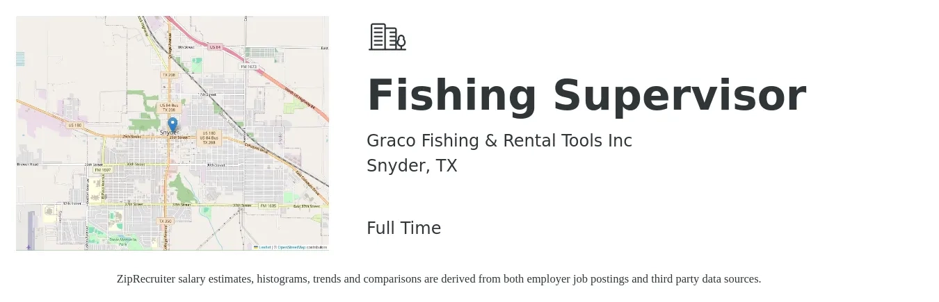Graco Fishing & Rental Tools Inc job posting for a Fishing Supervisor in Snyder, TX with a salary of $21 to $35 Hourly with a map of Snyder location.