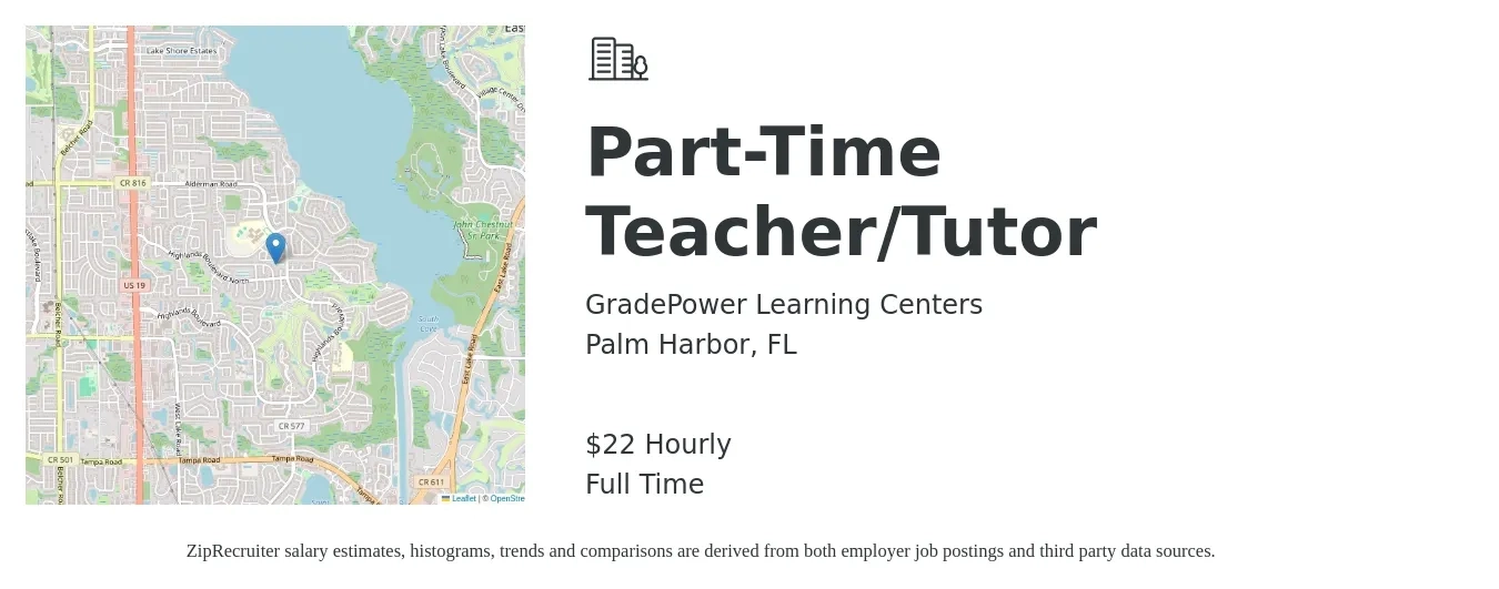 GradePower Learning Centers job posting for a Part-Time Teacher/Tutor in Palm Harbor, FL with a salary of $23 Hourly with a map of Palm Harbor location.