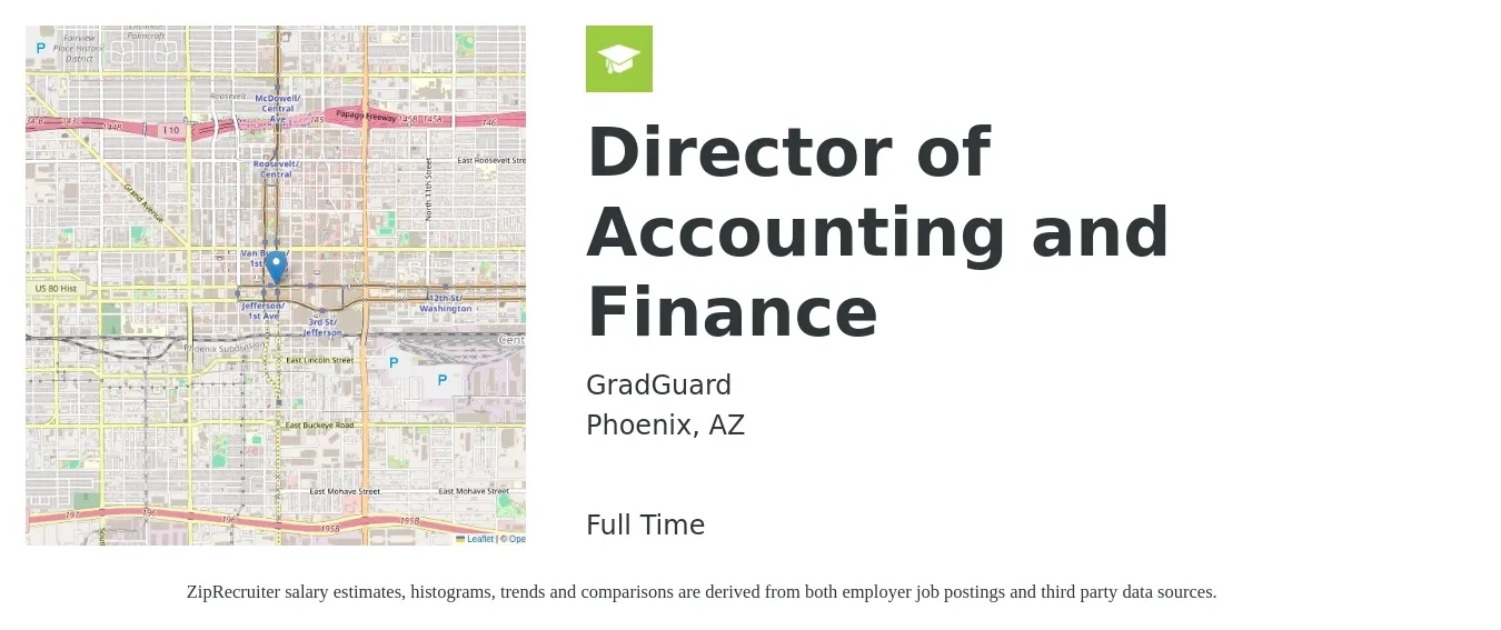 GradGuard job posting for a Director of Accounting and Finance in Phoenix, AZ with a salary of $96,800 to $147,400 Yearly with a map of Phoenix location.