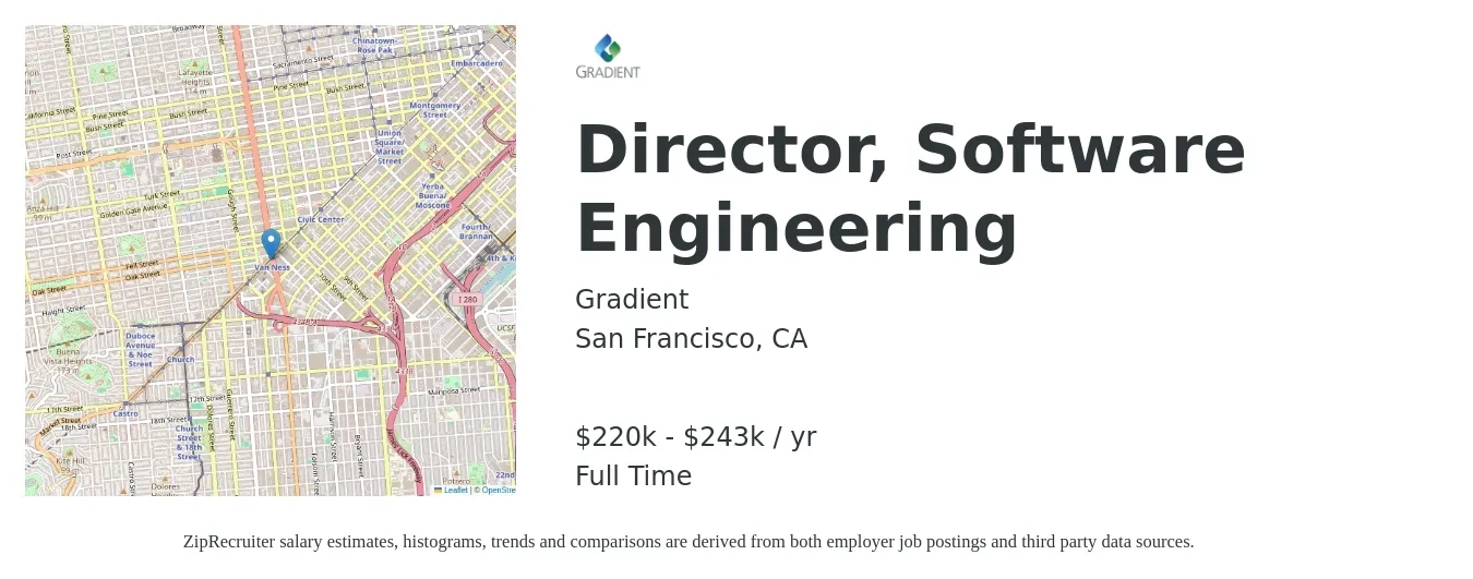 Gradient job posting for a Director, Software Engineering in San Francisco, CA with a salary of $220,000 to $243,000 Yearly with a map of San Francisco location.