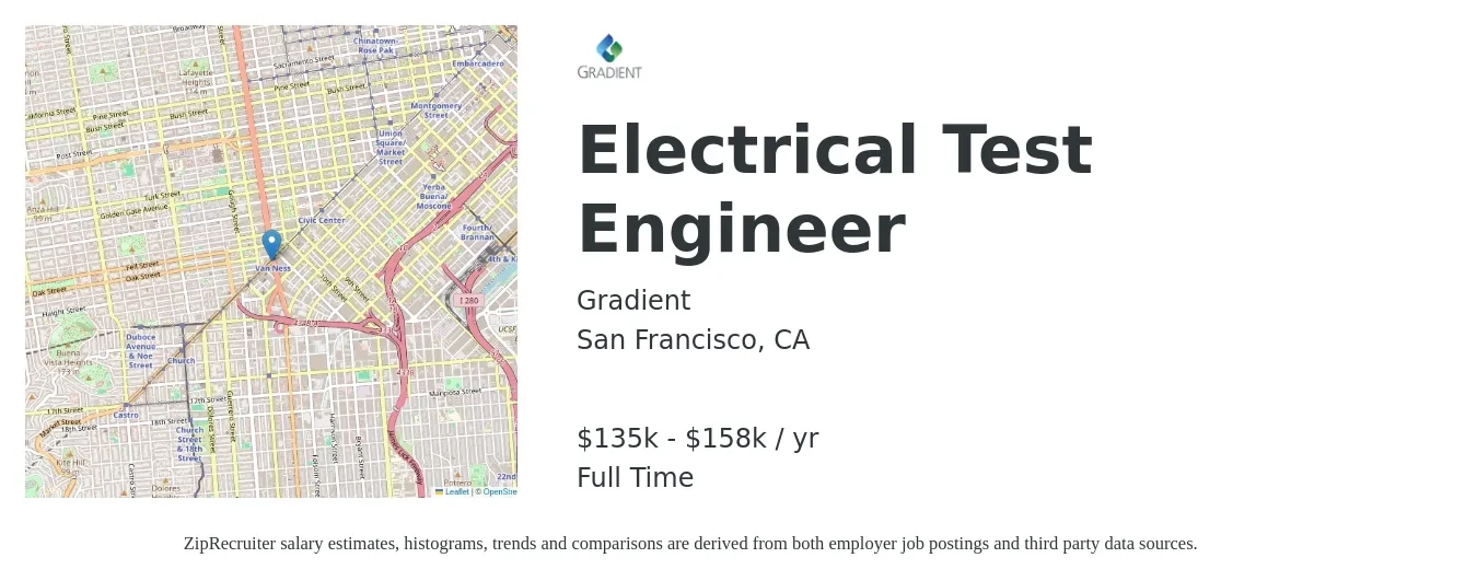 Gradient job posting for a Electrical Test Engineer in San Francisco, CA with a salary of $135,000 to $158,000 Yearly with a map of San Francisco location.