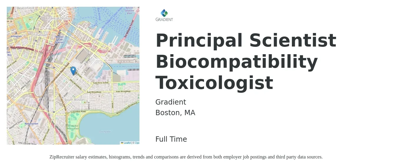Gradient job posting for a Principal Scientist Biocompatibility Toxicologist in Boston, MA with a salary of $127,600 to $183,600 Yearly with a map of Boston location.