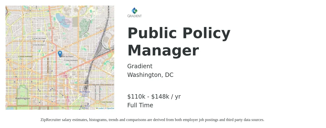 Gradient job posting for a Public Policy Manager in Washington, DC with a salary of $110,000 to $148,000 Yearly with a map of Washington location.