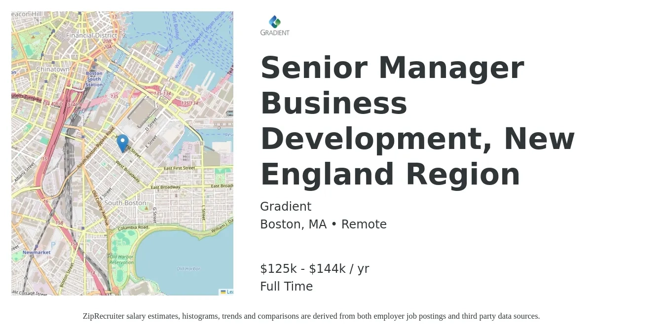 Gradient job posting for a Senior Manager Business Development, New England Region in Boston, MA with a salary of $125,000 to $144,000 Yearly with a map of Boston location.