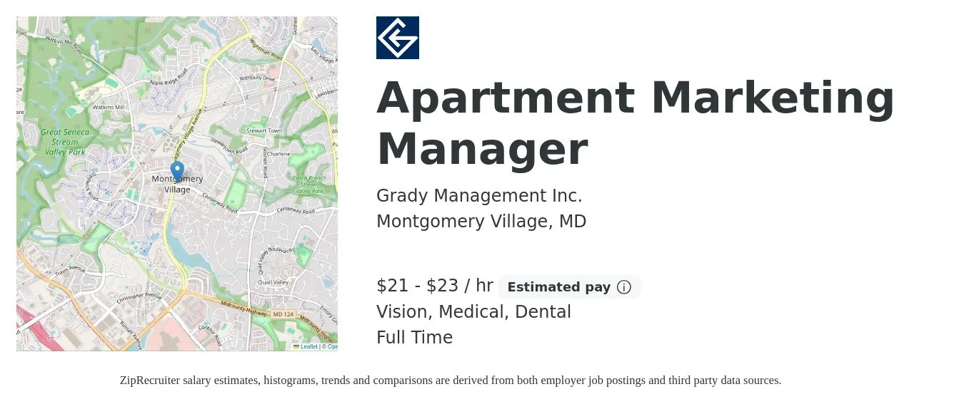 Grady Management Inc. job posting for a Apartment Marketing Manager in Montgomery Village, MD with a salary of $22 to $24 Hourly and benefits including retirement, vision, dental, life_insurance, medical, and pto with a map of Montgomery Village location.