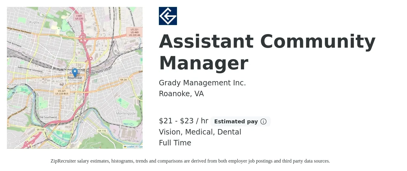 Grady Management Inc. job posting for a Assistant Community Manager in Roanoke, VA with a salary of $22 to $24 Hourly and benefits including life_insurance, medical, pto, vision, and dental with a map of Roanoke location.
