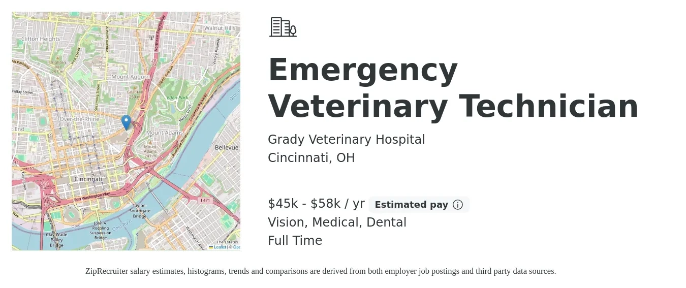 Grady Veterinary Hospital job posting for a Emergency Veterinary Technician in Cincinnati, OH with a salary of $45,760 to $58,240 Yearly and benefits including dental, life_insurance, medical, pto, retirement, and vision with a map of Cincinnati location.