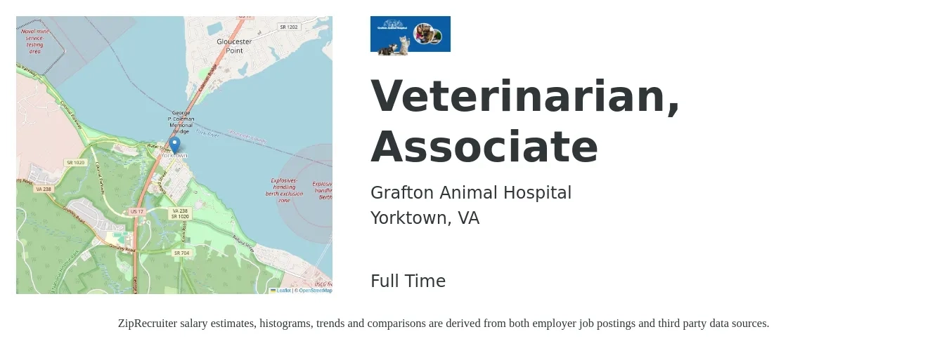 Grafton Animal Hospital job posting for a Veterinarian, Associate in Yorktown, VA with a salary of $90,600 to $146,300 Yearly with a map of Yorktown location.