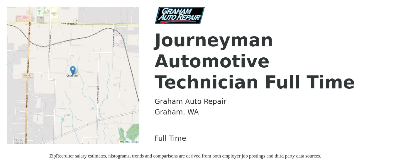 Graham Auto Repair job posting for a Journeyman Automotive Technician Full Time in Graham, WA with a salary of $26 to $33 Hourly with a map of Graham location.