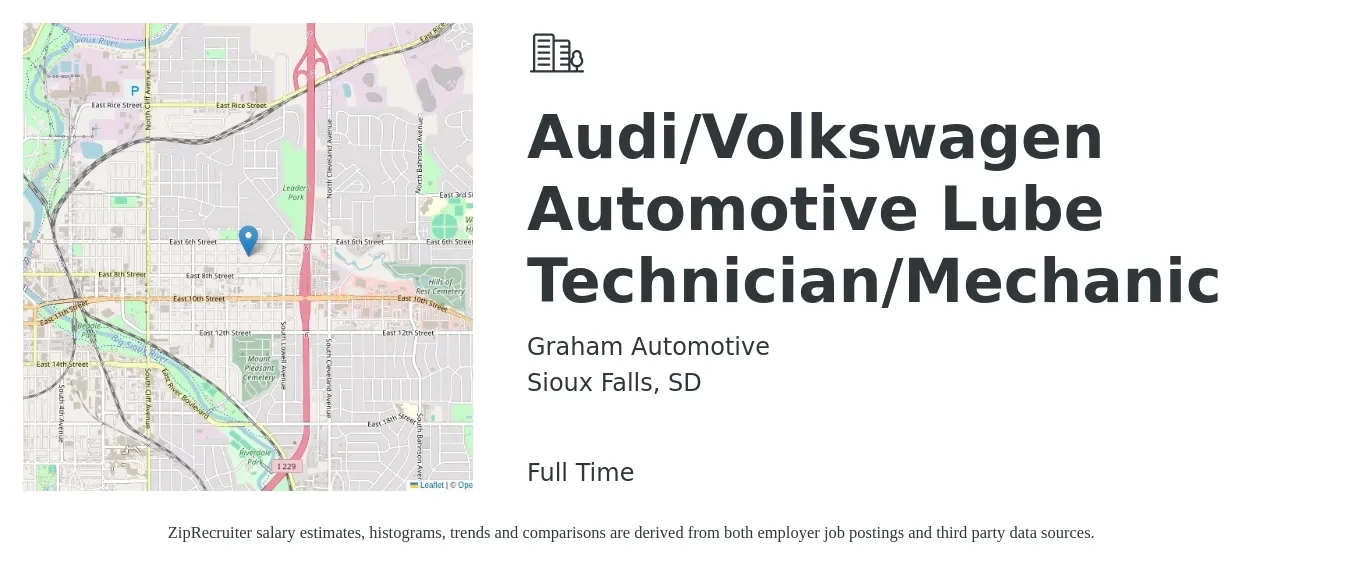 Graham Automotive job posting for a Audi/Volkswagen Automotive Lube Technician/Mechanic in Sioux Falls, SD with a salary of $14 to $19 Hourly with a map of Sioux Falls location.
