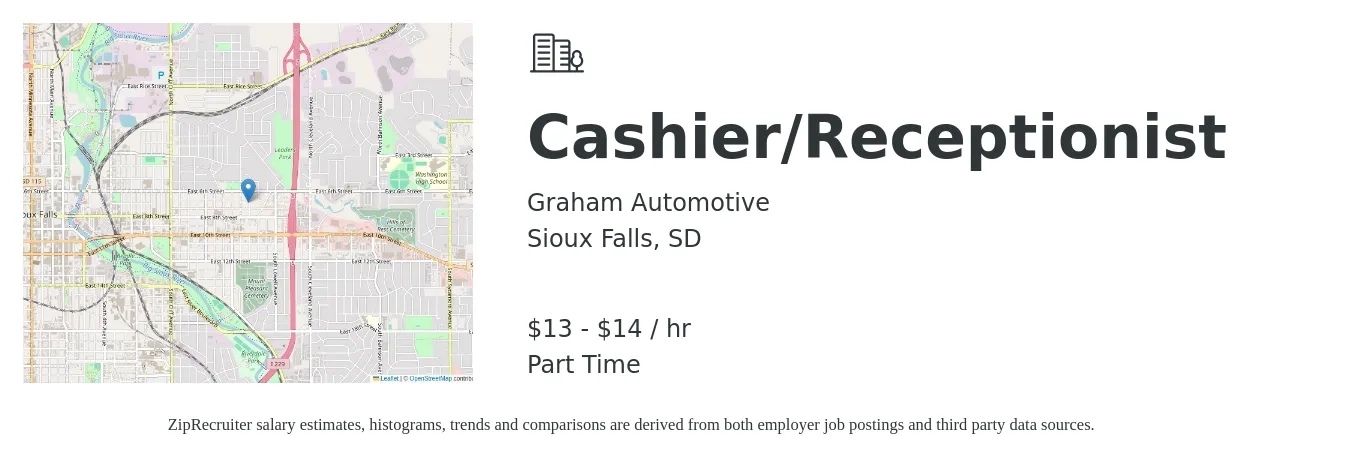 Graham Automotive job posting for a Cashier/Receptionist in Sioux Falls, SD with a salary of $14 to $15 Hourly with a map of Sioux Falls location.