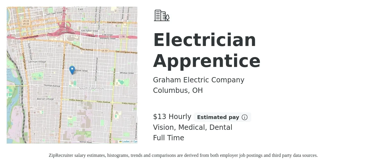 Graham Electric Company job posting for a Electrician Apprentice in Columbus, OH with a salary of $14 Hourly and benefits including medical, pto, retirement, vision, dental, and life_insurance with a map of Columbus location.